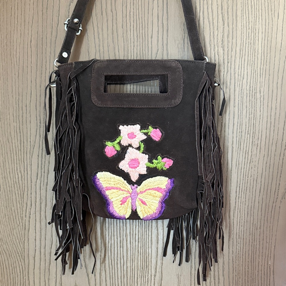 Raj LA butterfly with Floral embroidered Real Suede Shoulder Bag with Fringe.